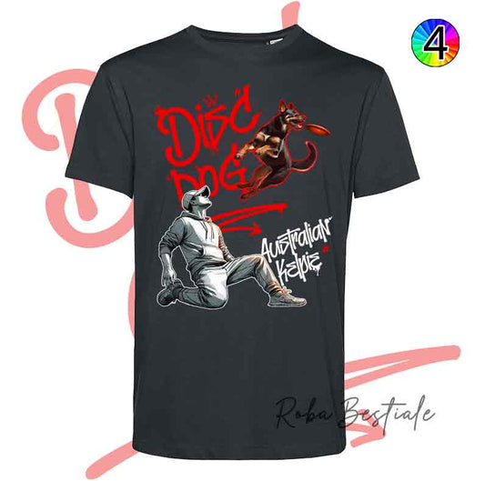 T-Shirt NERA Disc Dog GRAFFITI - AUSTRALIAN KELPIE Chocolate - Design "BOY" - Dettagli in 4 colori!