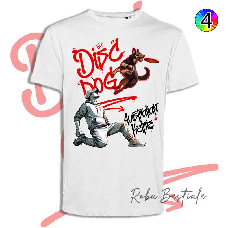 T-Shirt Disc Dog GRAFFITI - AUSTRALIAN KELPIE Chocolate - Design "BOY" - Dettagli in 4 colori!