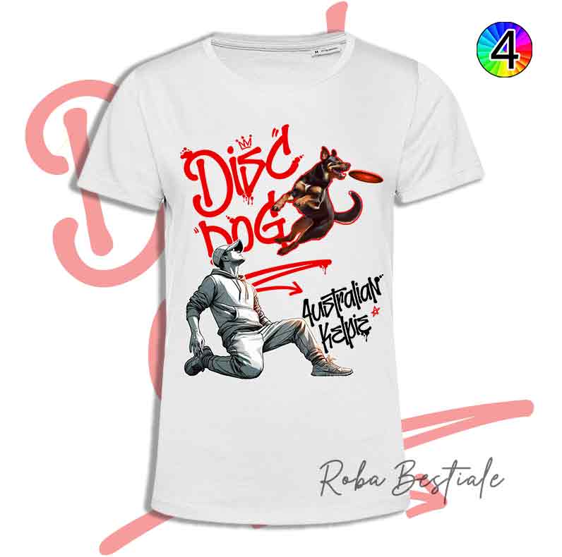 T-Shirt Disc Dog GRAFFITI - AUSTRALIAN KELPIE Chocolate - Design "BOY" - Dettagli in 4 colori!