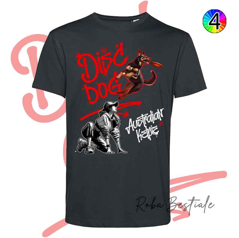 T-Shirt NERA Disc Dog GRAFFITI - AUSTRALIAN KELPIE Chocolate - Design "GIRL" - Dettagli in 4 colori!