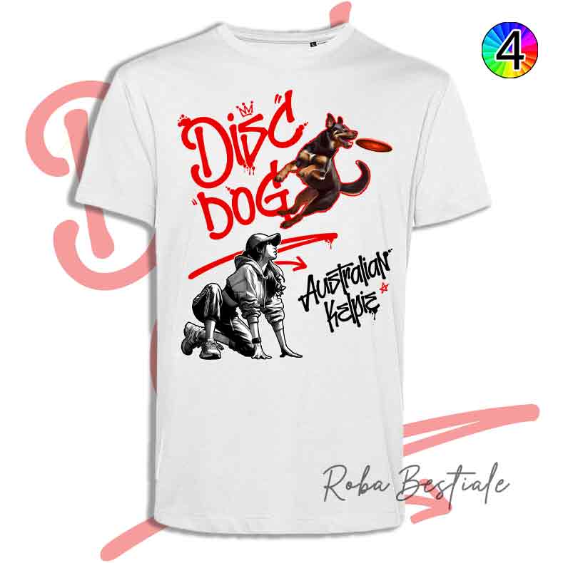 T-Shirt Disc Dog GRAFFITI - AUSTRALIAN KELPIE Chocolate - Design "GIRL" - Dettagli in 4 colori!