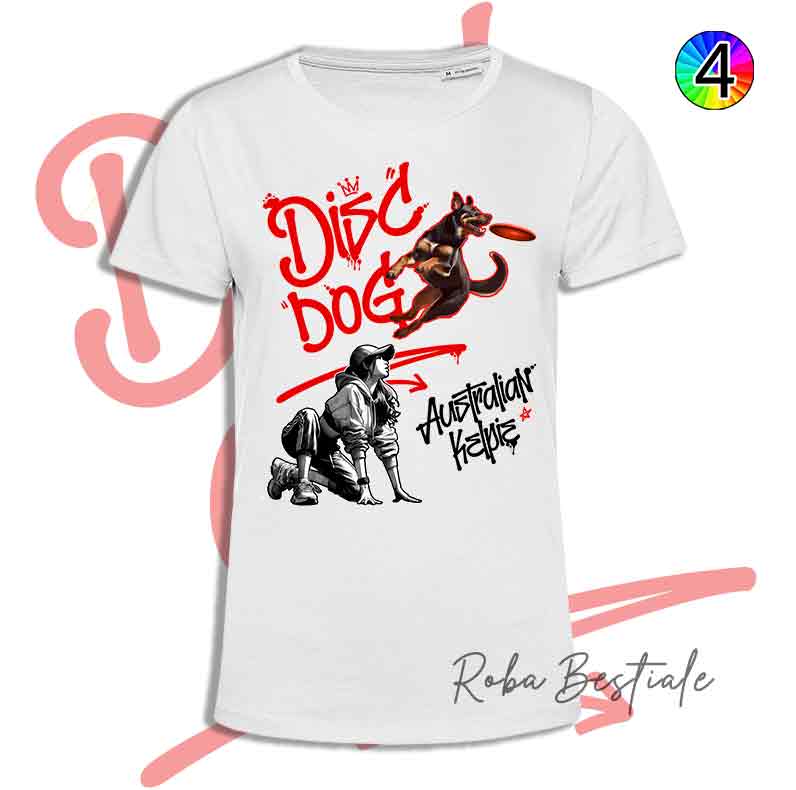 T-Shirt Disc Dog GRAFFITI - AUSTRALIAN KELPIE Chocolate - Design "GIRL" - Dettagli in 4 colori!