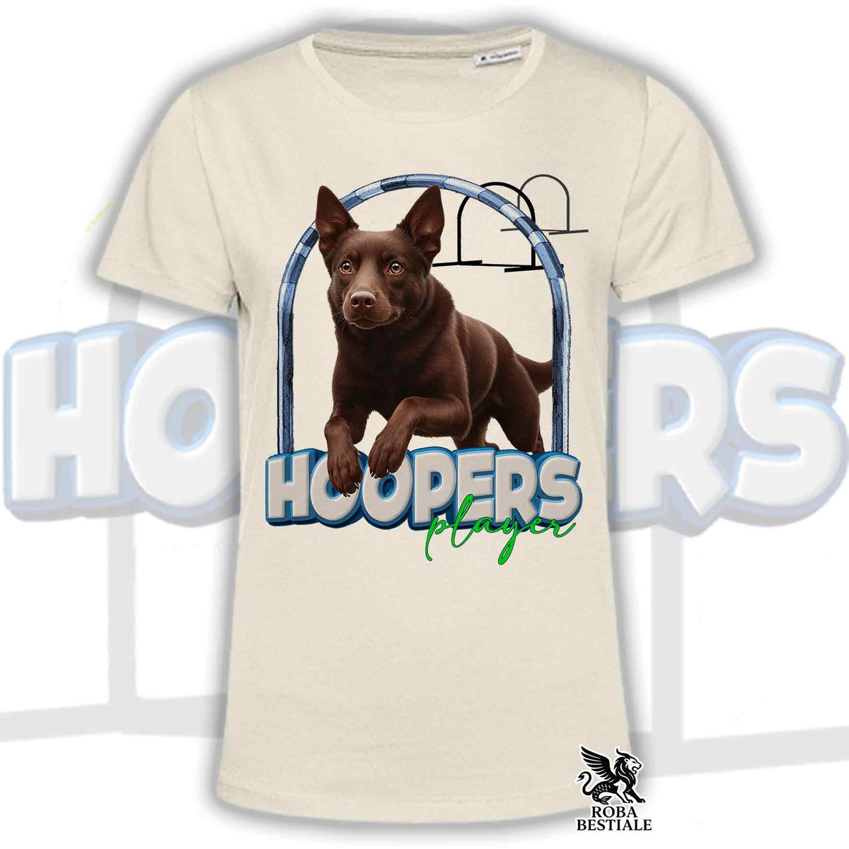 T-shirt beige a maniche corte con stampa cane marrone e logo HOOPERS Player