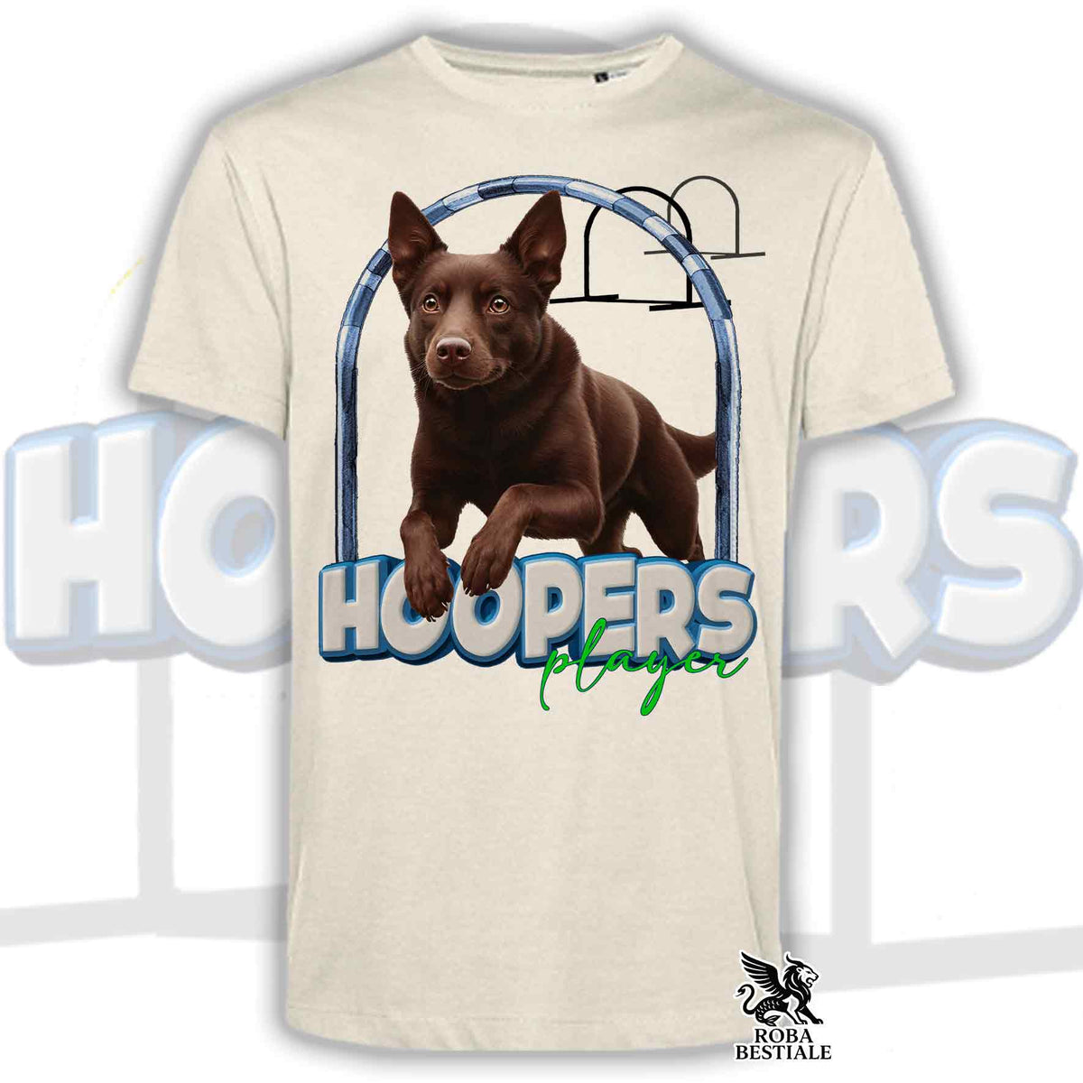 T-shirt beige chiara a maniche corte con stampa cane marrone e HOOPERS Player grafica