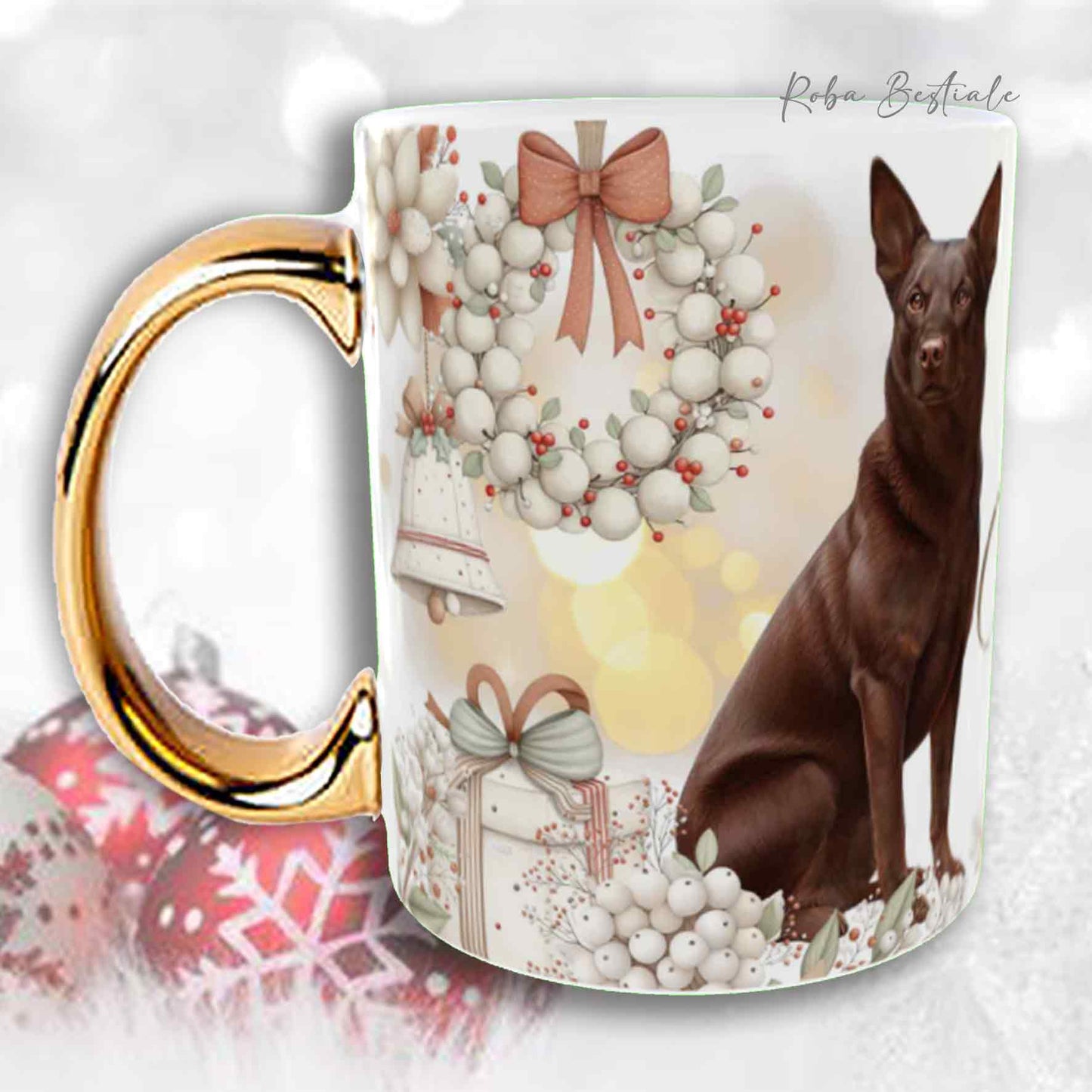 Tazza COZY WINTER - AUSTRALIAN KELPIE Cioccolato - In Ceramica, con manico color Oro - 330 ml