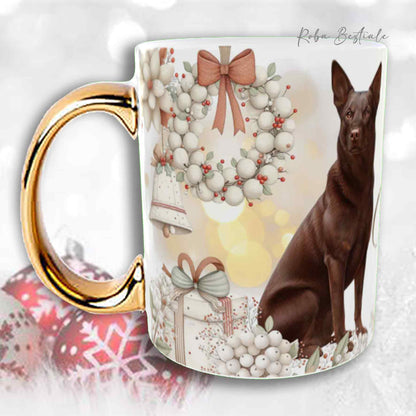 Tazza COZY WINTER - AUSTRALIAN KELPIE Cioccolato - In Ceramica, con manico color Oro - 330 ml