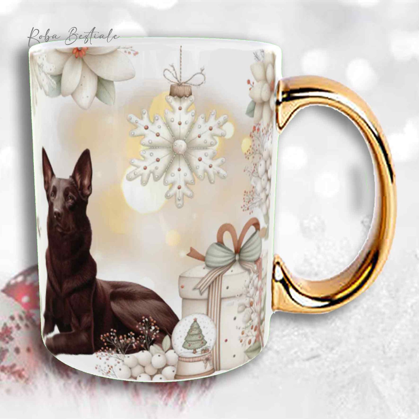 Tazza COZY WINTER - AUSTRALIAN KELPIE Cioccolato - In Ceramica, con manico color Oro - 330 ml