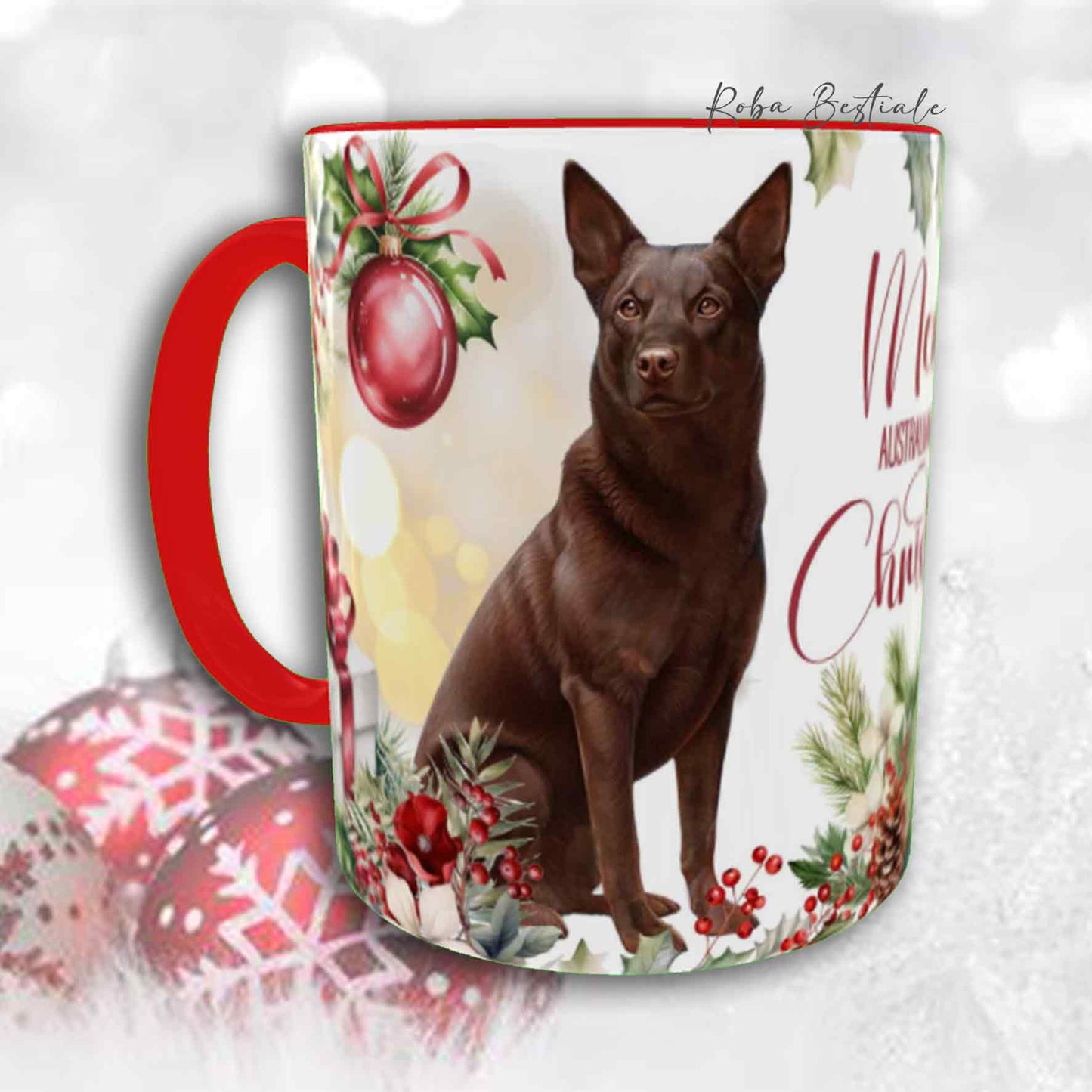 Tazza VINTAGE WINTER - AUSTRALIAN KELPIE Cioccolato - In Ceramica, con dettagli Rossi - 330 ml