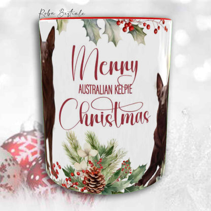Tazza VINTAGE WINTER - AUSTRALIAN KELPIE Cioccolato - In Ceramica, con dettagli Rossi - 330 ml