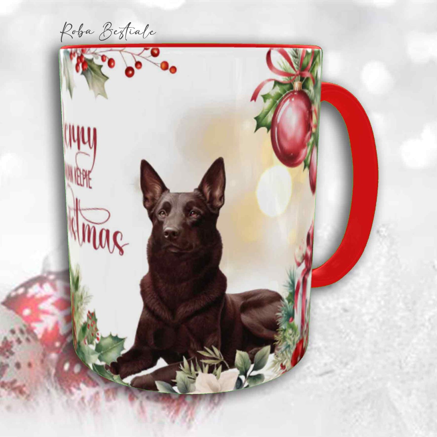 Tazza VINTAGE WINTER - AUSTRALIAN KELPIE Cioccolato - In Ceramica, con dettagli Rossi - 330 ml