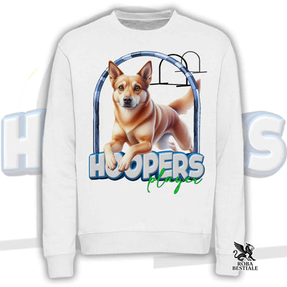 Felpa girocollo bianca con grafica HOOPERS e cane Australian Kelpie.