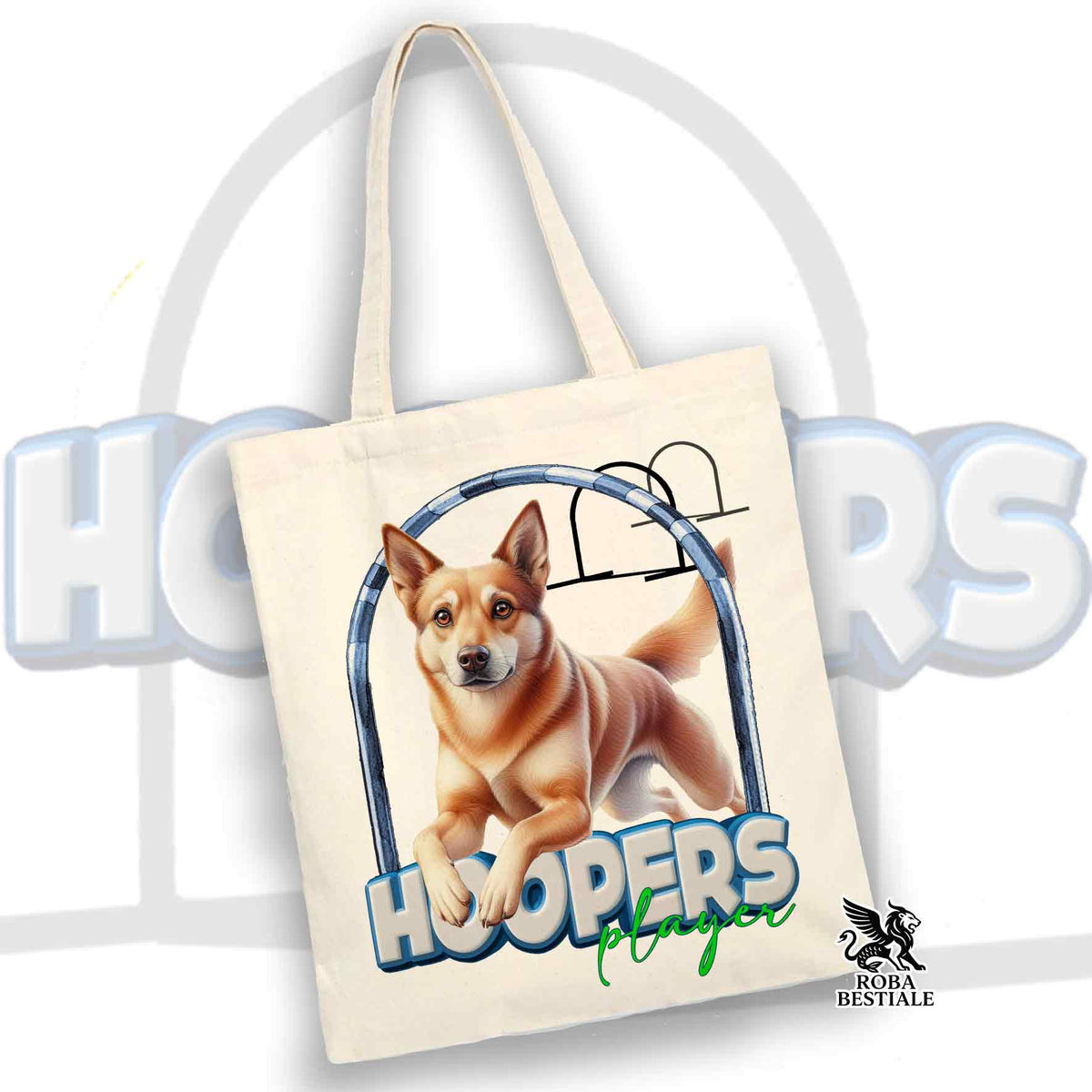 Shopper in cotone beige con stampa HOOPERS e cane