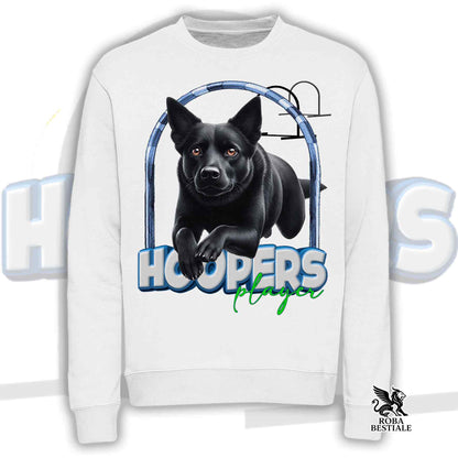 Felpa girocollo unisex bianca con stampa HOOPERS Player e cane nero