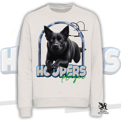 Felpa girocollo unisex bianca con stampa frontale HOOPERS Player e cane nero