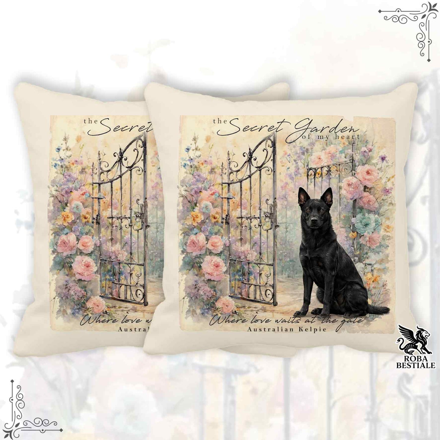 Cuscino SECRET GARDEN - AUSTRALIAN KELPIE Nero - 100% Tela di Cotone - 40x40 cm