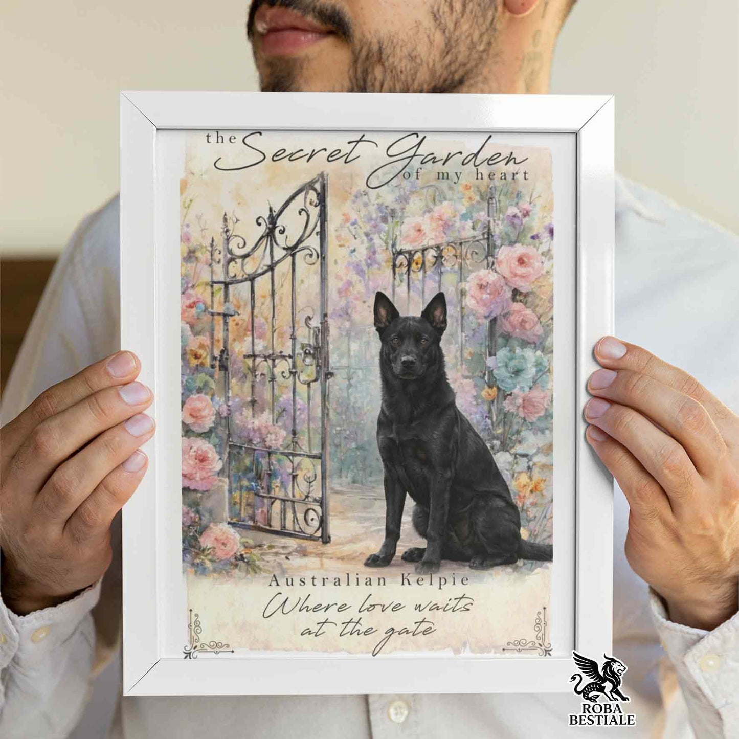 Quadretto SECRET GARDEN - AUSTRALIAN KELPIE Nero - Con cornice in legno, formato A4