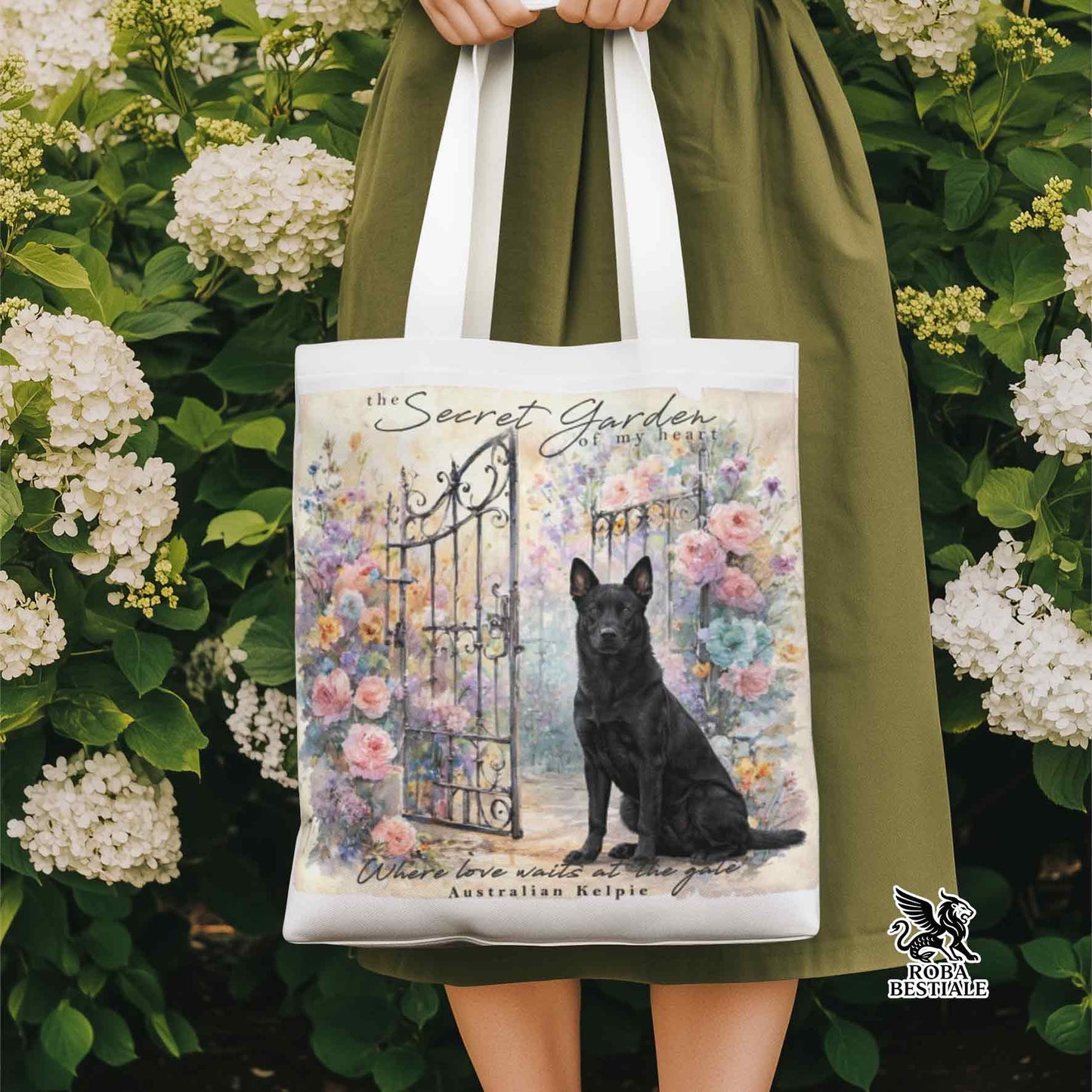 Tote Bag SECRET GARDEN - AUSTRALIAN KELPIE Nero - 100% Cotone - Bianca o Beige
