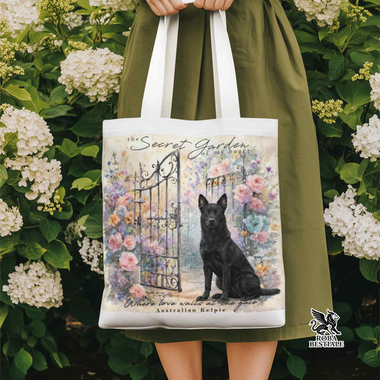 Tote Bag SECRET GARDEN - AUSTRALIAN KELPIE Nero - 100% Cotone - Bianca o Beige
