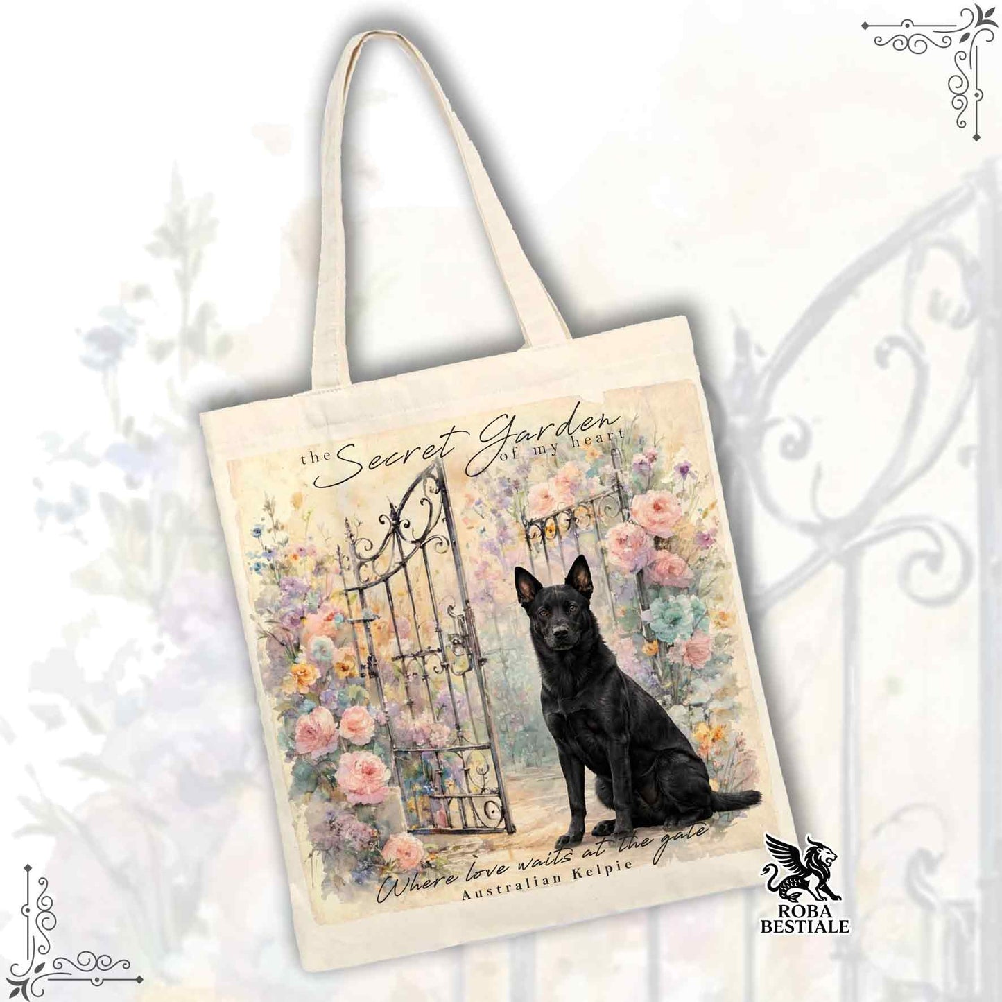 Tote Bag SECRET GARDEN - AUSTRALIAN KELPIE Nero - 100% Cotone - Bianca o Beige