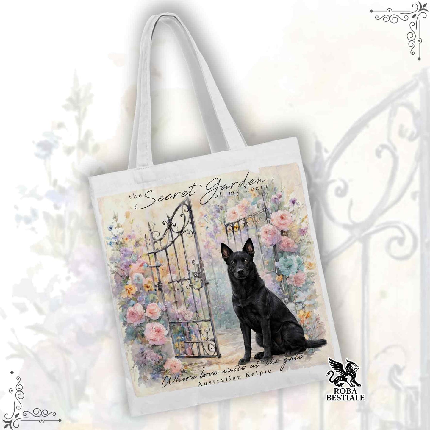 Tote Bag SECRET GARDEN - AUSTRALIAN KELPIE Nero - 100% Cotone - Bianca o Beige