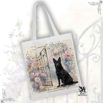 Tote Bag SECRET GARDEN - AUSTRALIAN KELPIE Nero - 100% Cotone - Bianca o Beige