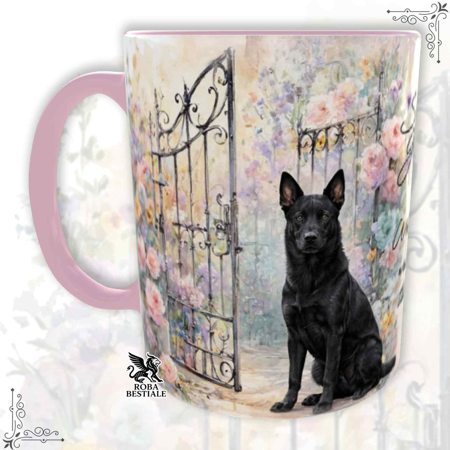 Tazza SECRET GARDEN - AUSTRALIAN KELPIE Nero - Dettagli ROSA - 330 ml - in Ceramica
