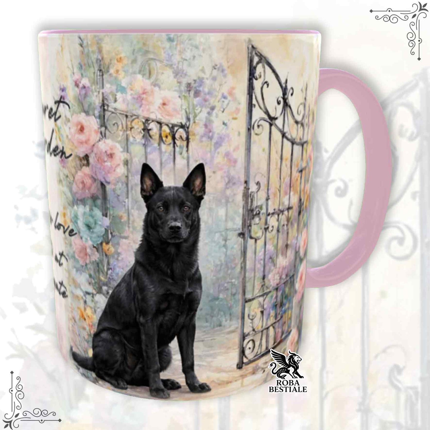 Tazza SECRET GARDEN - AUSTRALIAN KELPIE Nero - Dettagli ROSA - 330 ml - in Ceramica