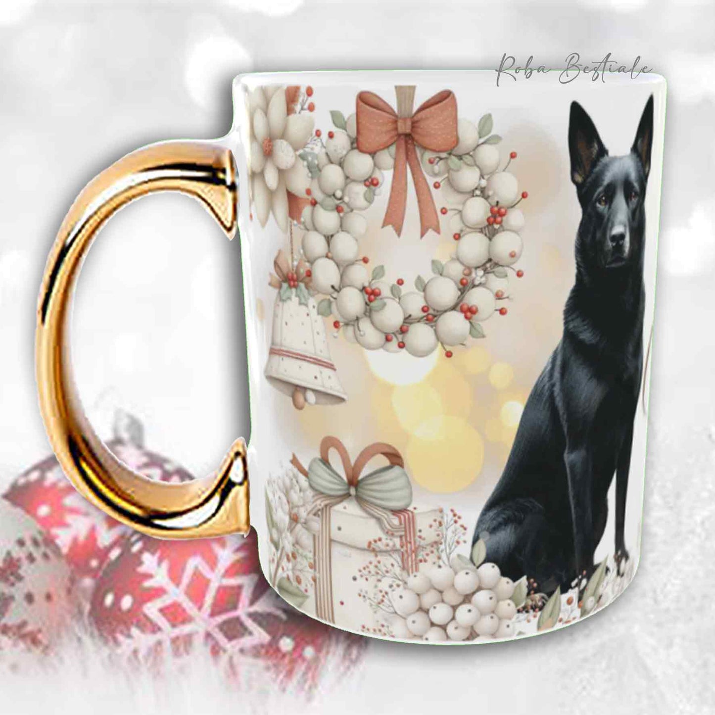 Tazza COZY WINTER - AUSTRALIAN KELPIE Nero - In Ceramica, con manico color Oro - 330 ml