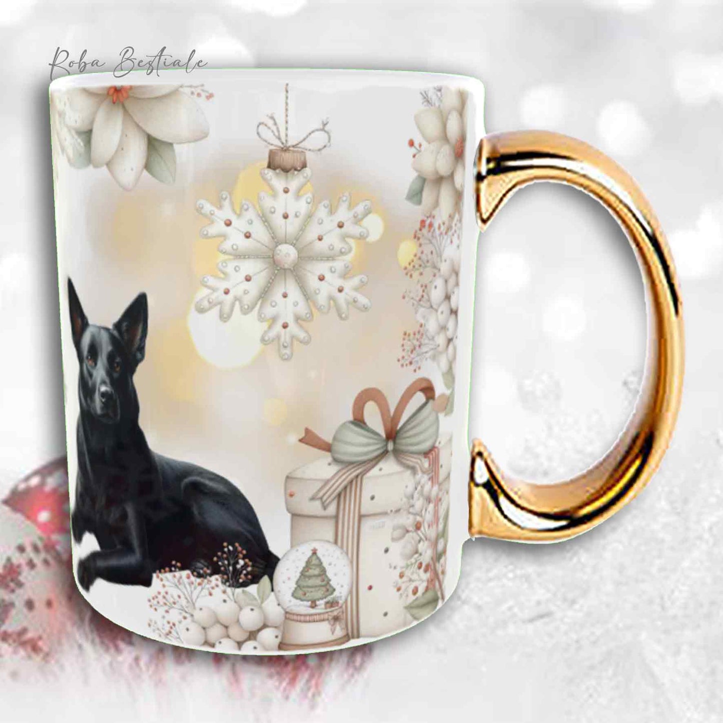 Tazza COZY WINTER - AUSTRALIAN KELPIE Nero - In Ceramica, con manico color Oro - 330 ml