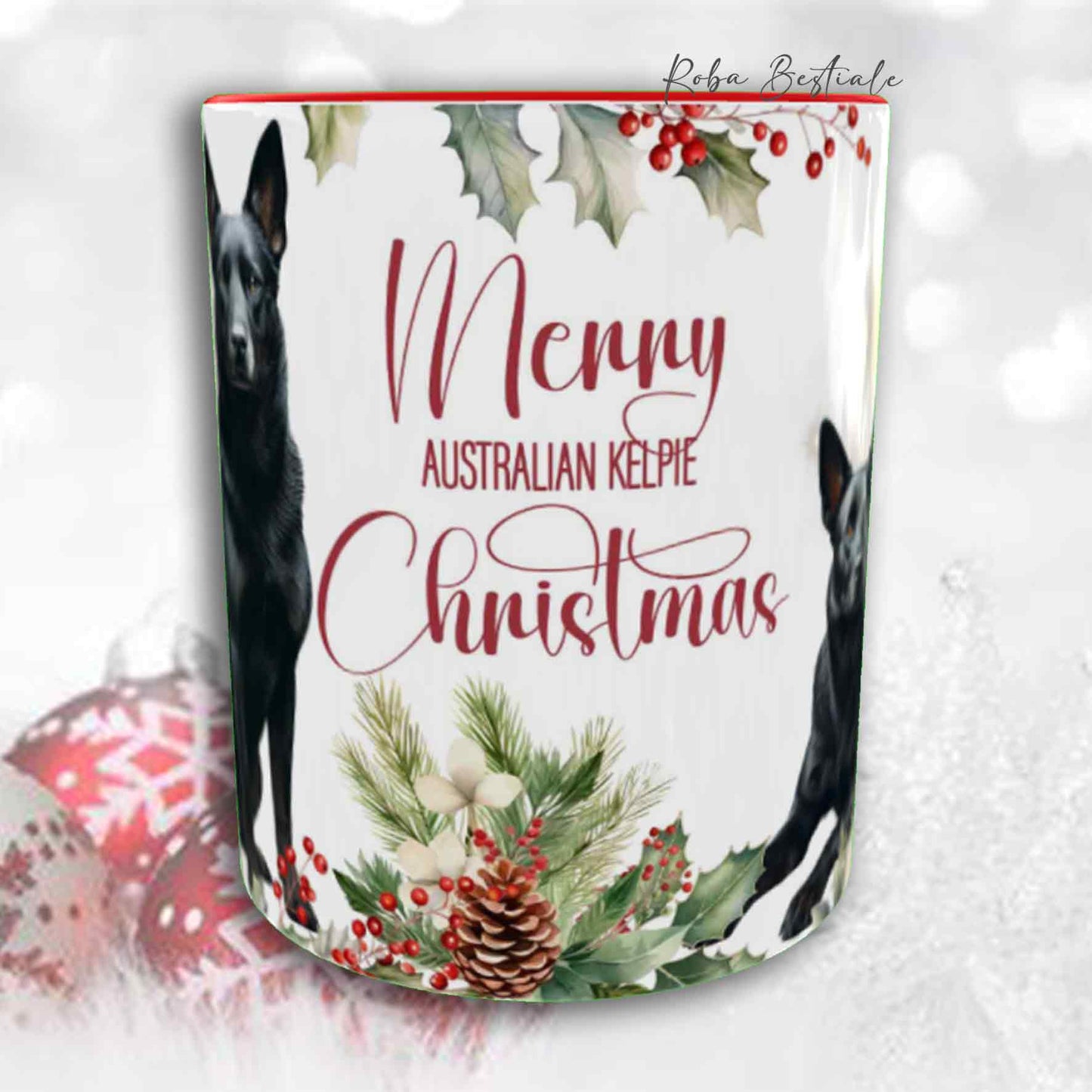 Tazza VINTAGE WINTER - AUSTRALIAN KELPIE Nero - In Ceramica, con dettagli Rossi - 330 ml