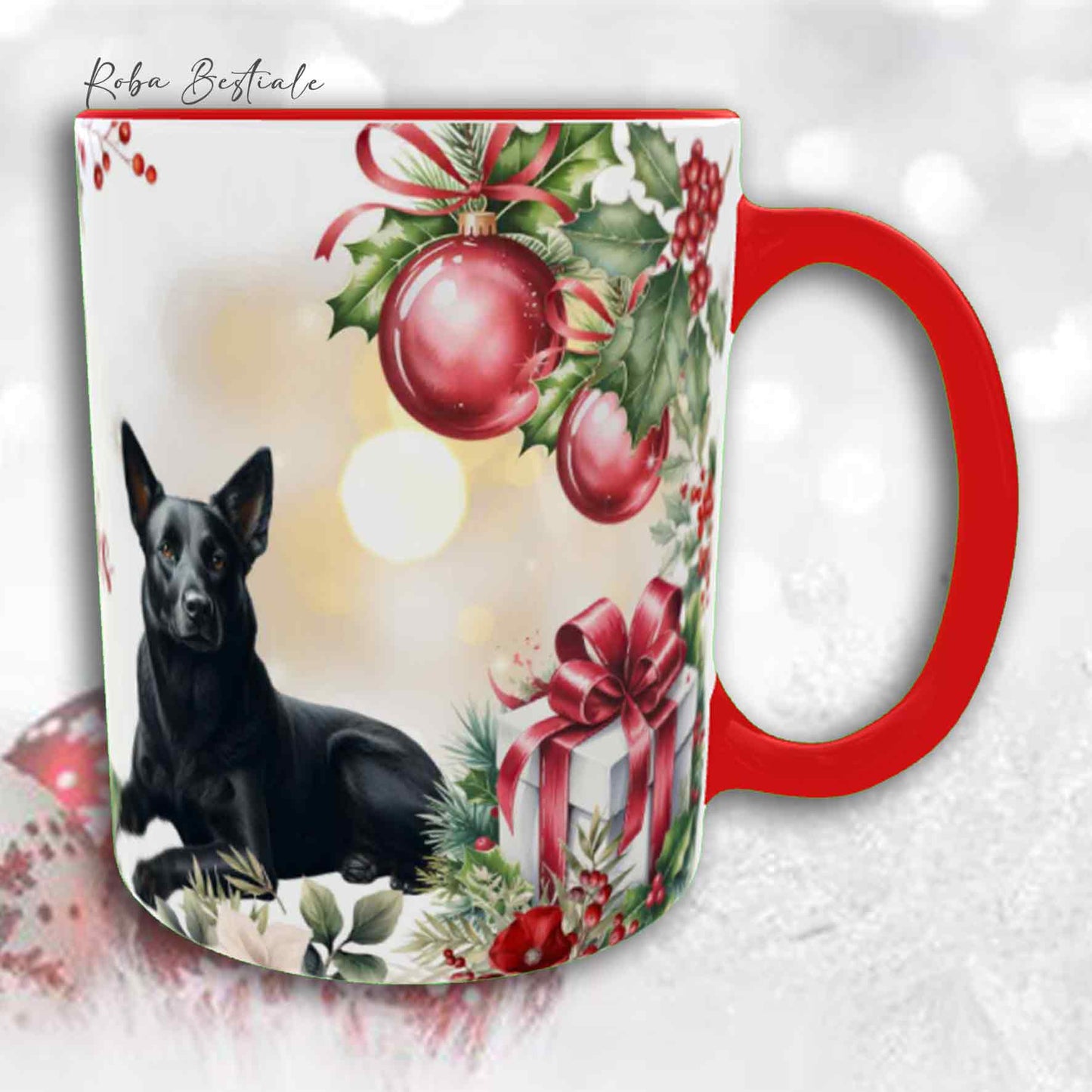 Tazza VINTAGE WINTER - AUSTRALIAN KELPIE Nero - In Ceramica, con dettagli Rossi - 330 ml