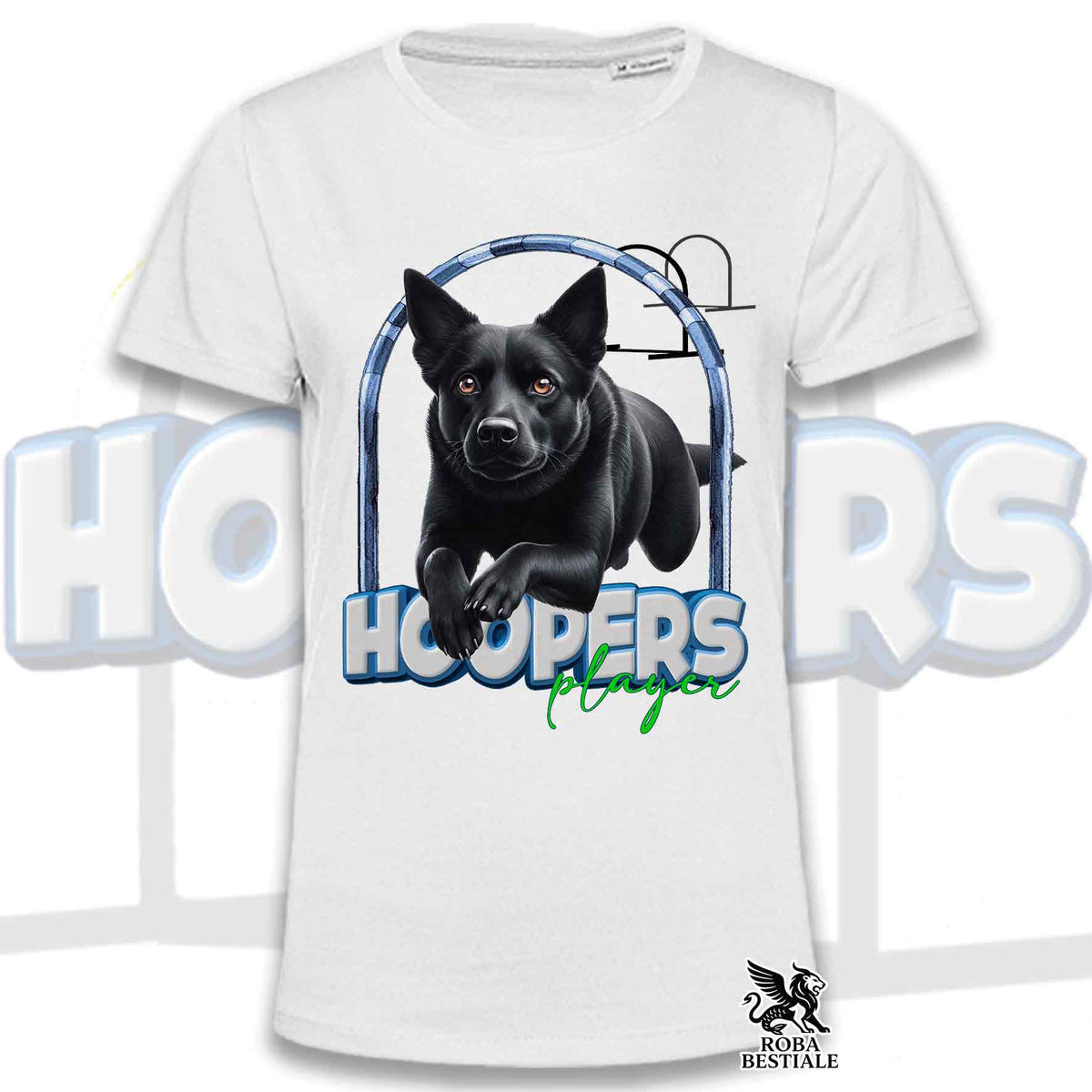 T-shirt bianca con stampa frontale cane nero con cuffie blu e scritta HOOPERS Player