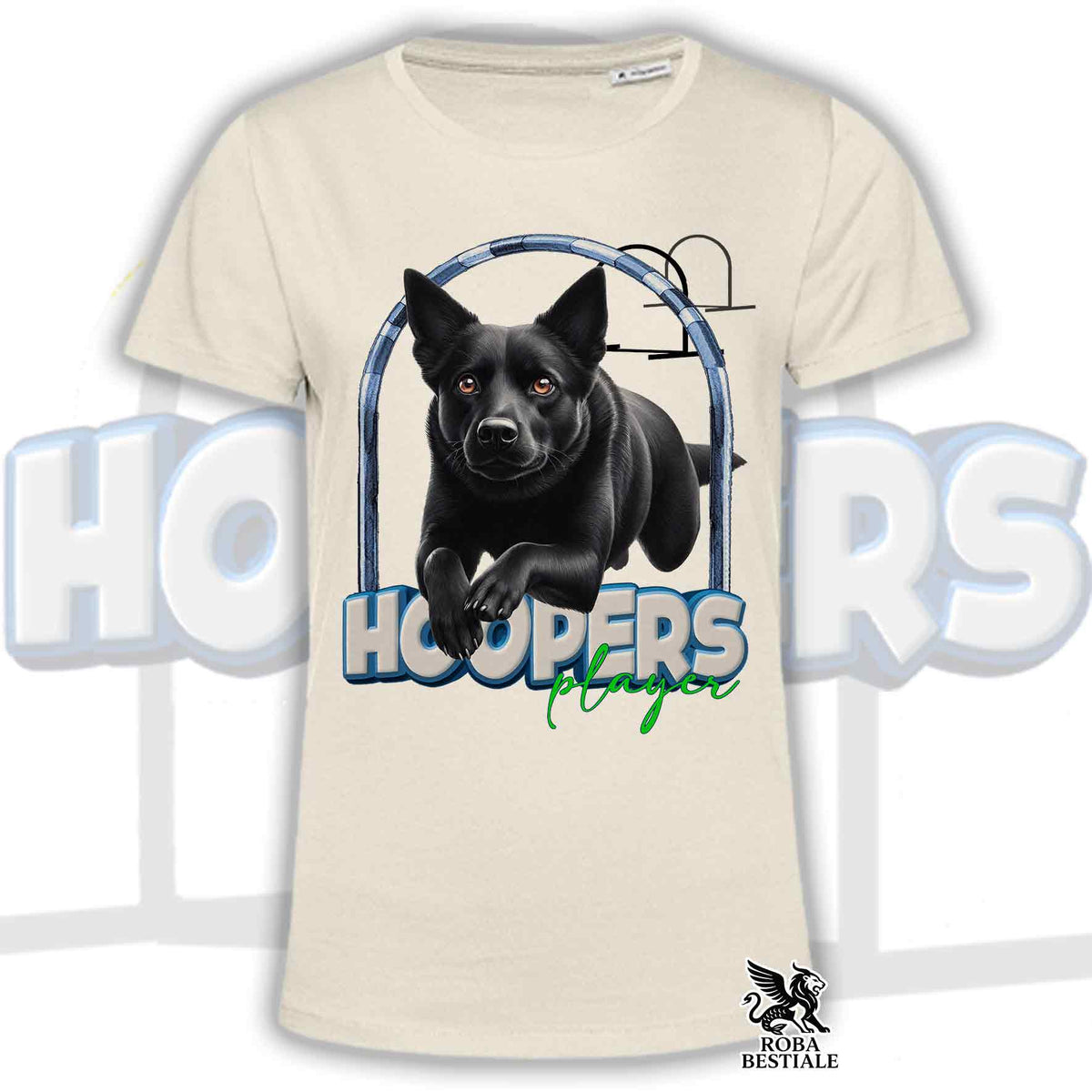 T-shirt beige con grafica cane nero con cuffie e scritta HOOPERS Player