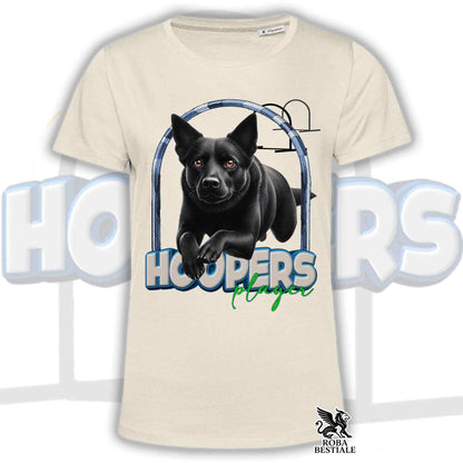 T-shirt beige con grafica cane nero con cuffie e scritta HOOPERS Player