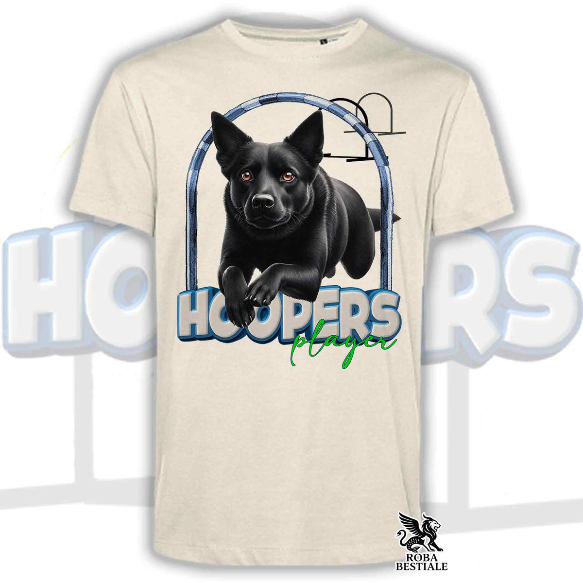 T-shirt beige con stampa frontale cane nero con cuffie blu e scritta HOOPERS Player