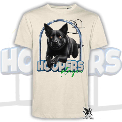 T-shirt beige con stampa frontale cane nero con cuffie blu e scritta HOOPERS Player