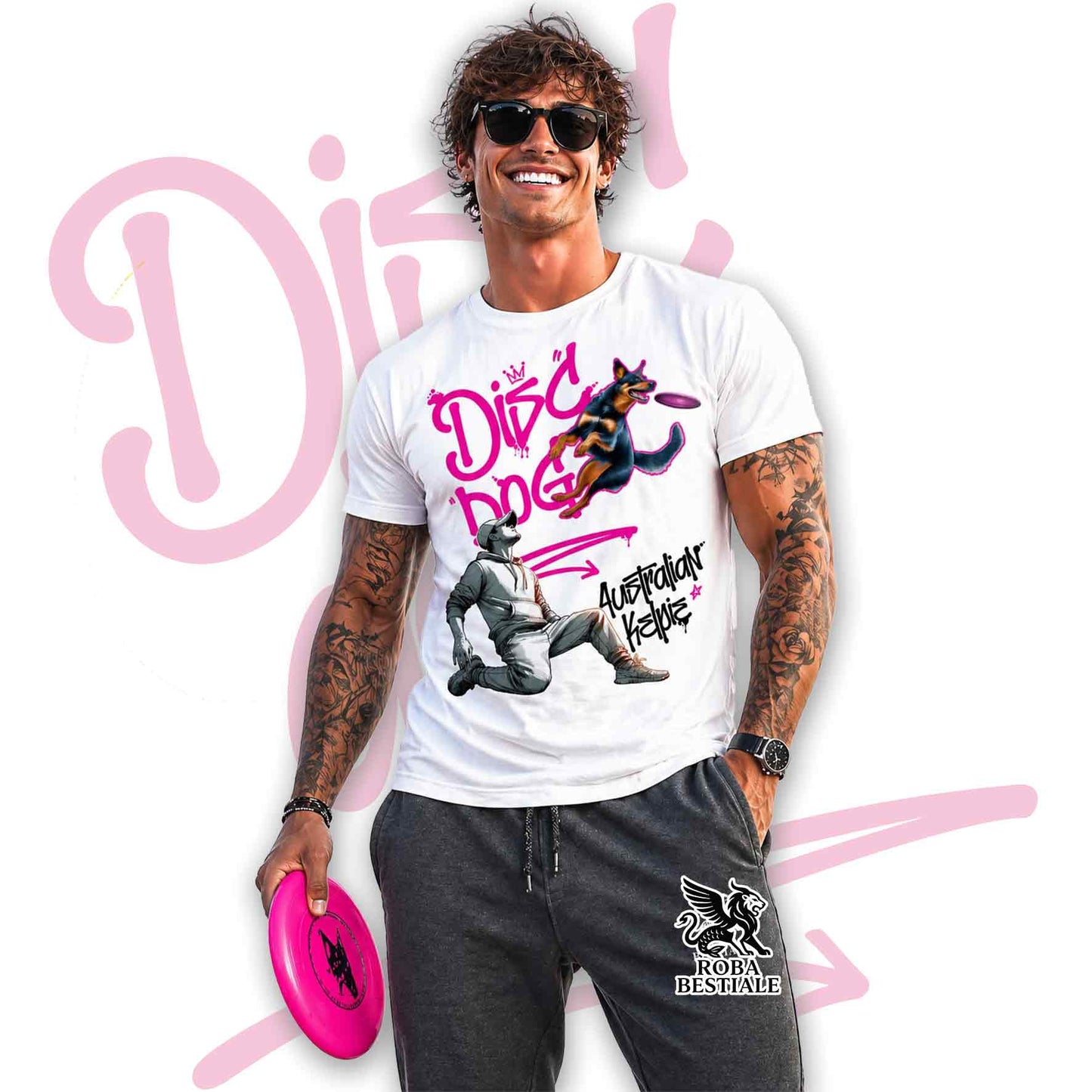 T-Shirt DISC DOG Graffiti "BOY" - AUSTRALIAN KELPIE Nero Focato - Bianca, colore dettagli a scelta - dalla XS alla 5XL