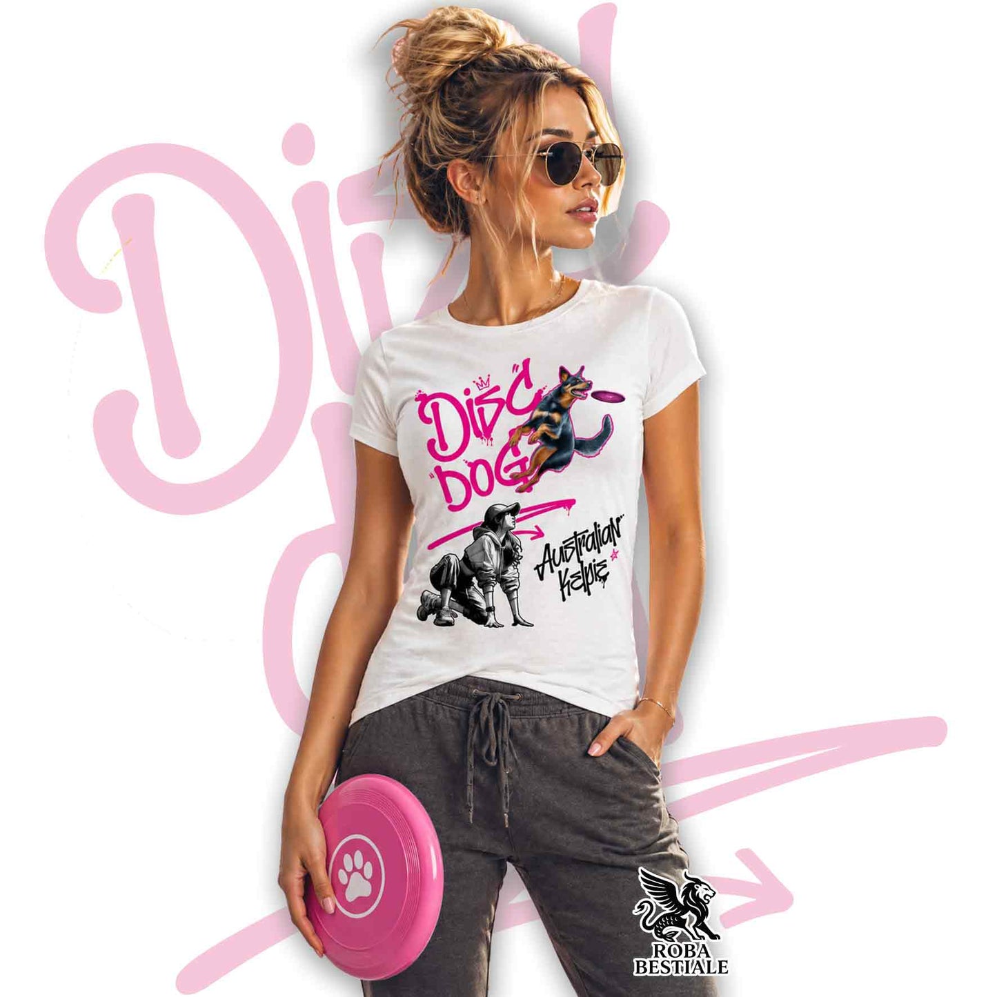 T-Shirt DISC DOG Graffiti "GIRL" - AUSTRALIAN KELPIE Nero Focato - Bianca, colore dettagli a scelta - dalla XS alla 5XL