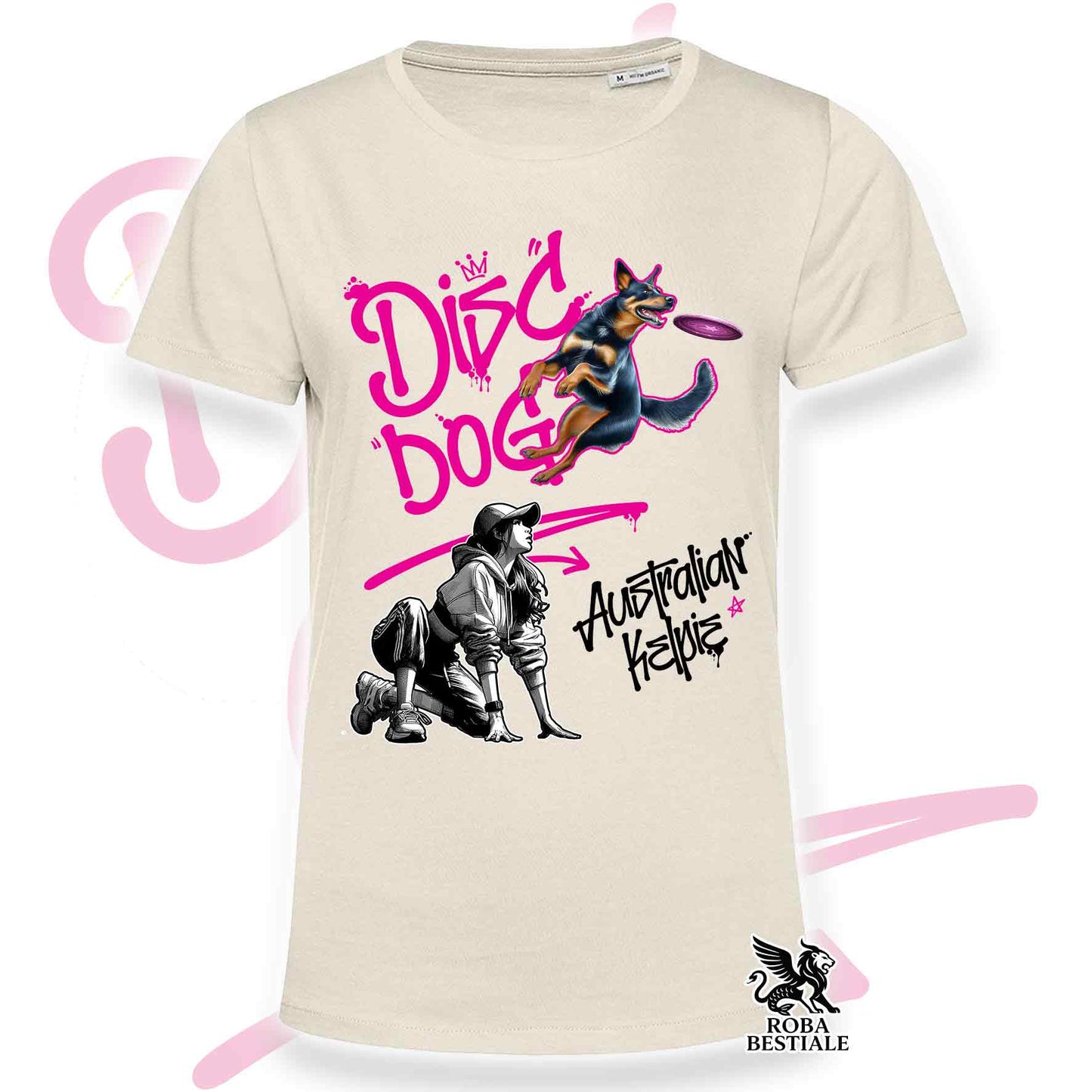 T-Shirt DISC DOG Graffiti "GIRL" - AUSTRALIAN KELPIE Nero Focato - Off White, colore dettagli a scelta - dalla XS alla 2XL