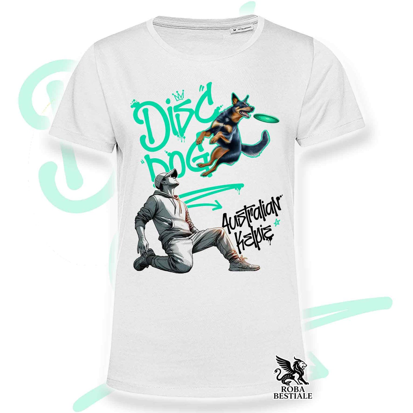 T-Shirt DISC DOG Graffiti "BOY" - AUSTRALIAN KELPIE Nero Focato - Bianca, colore dettagli a scelta - dalla XS alla 5XL