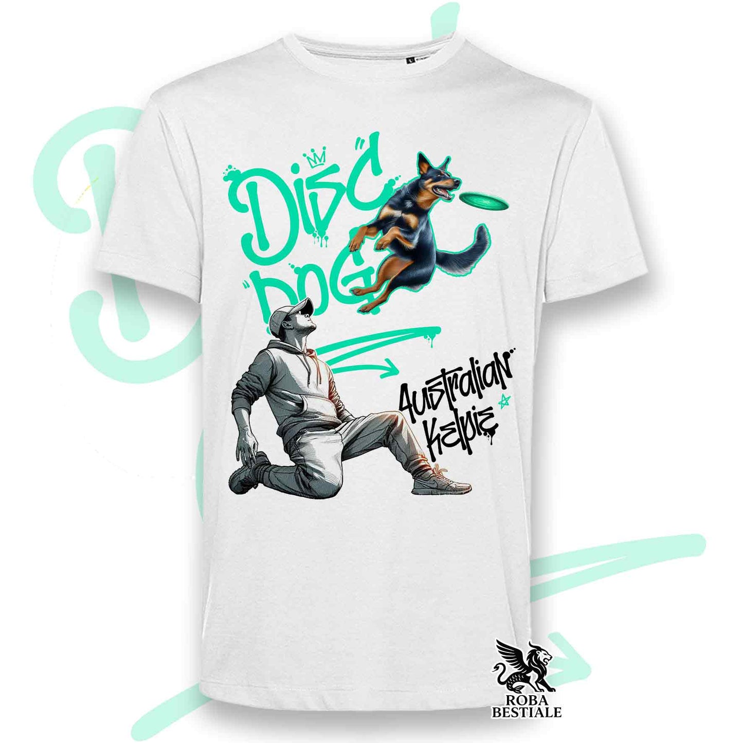 T-Shirt DISC DOG Graffiti "BOY" - AUSTRALIAN KELPIE Nero Focato - Bianca, colore dettagli a scelta - dalla XS alla 5XL