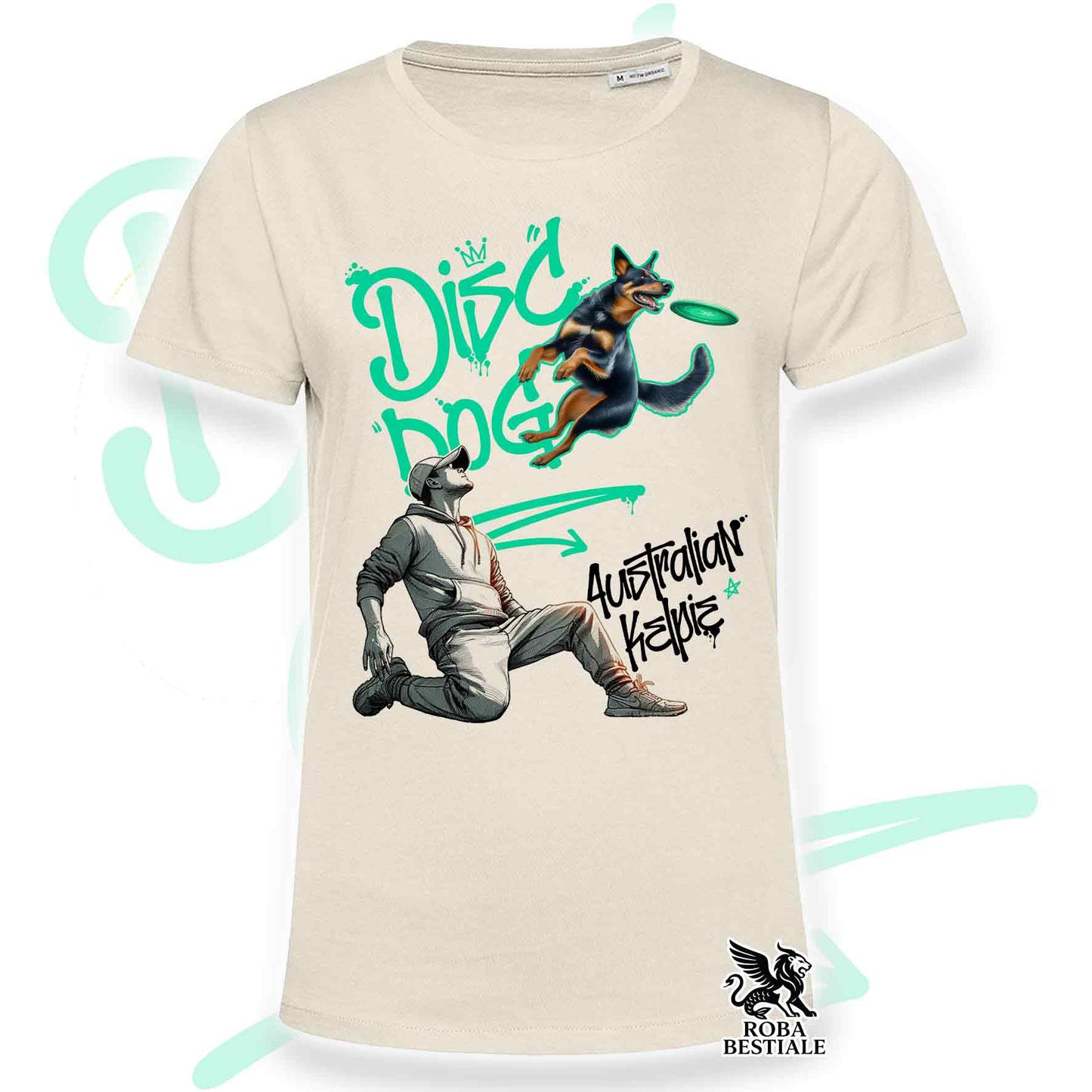 T-Shirt DISC DOG Graffiti "BOY" - AUSTRALIAN KELPIE Nero Focato - Off White, colore dettagli a scelta - dalla XS alla 2XL