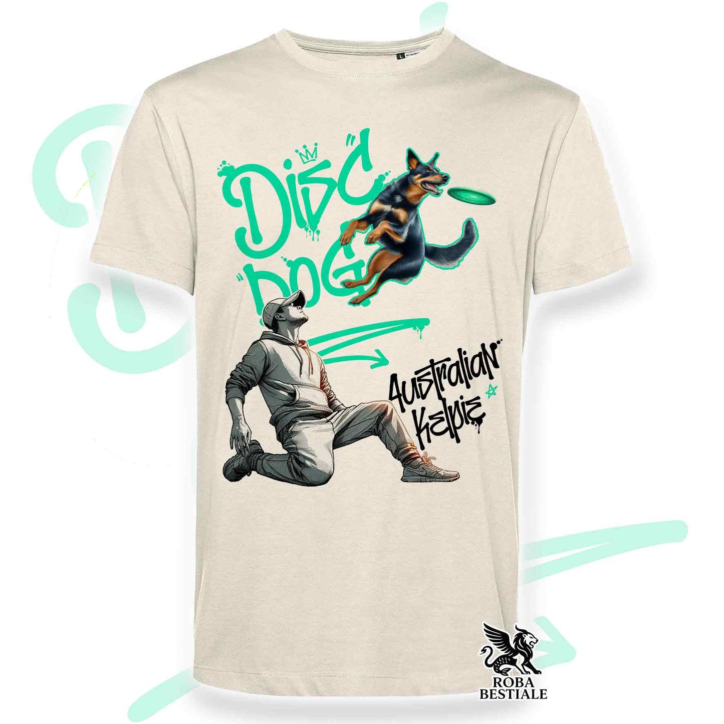 T-Shirt DISC DOG Graffiti "BOY" - AUSTRALIAN KELPIE Nero Focato - Off White, colore dettagli a scelta - dalla XS alla 2XL