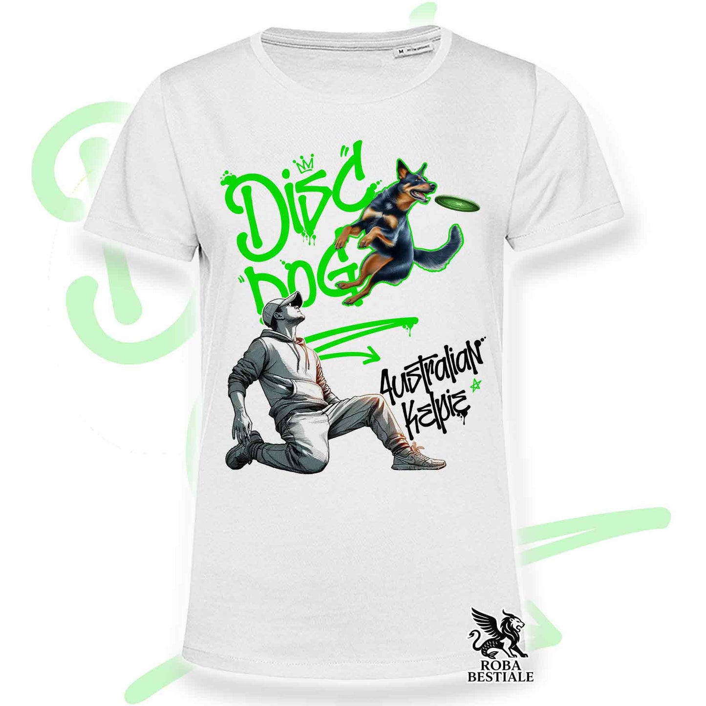 T-Shirt DISC DOG Graffiti "BOY" - AUSTRALIAN KELPIE Nero Focato - Bianca, colore dettagli a scelta - dalla XS alla 5XL