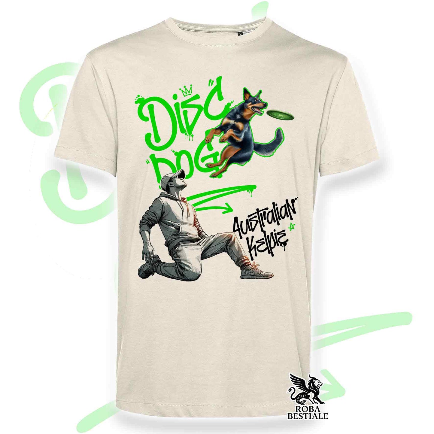 T-Shirt DISC DOG Graffiti "BOY" - AUSTRALIAN KELPIE Nero Focato - Off White, colore dettagli a scelta - dalla XS alla 2XL