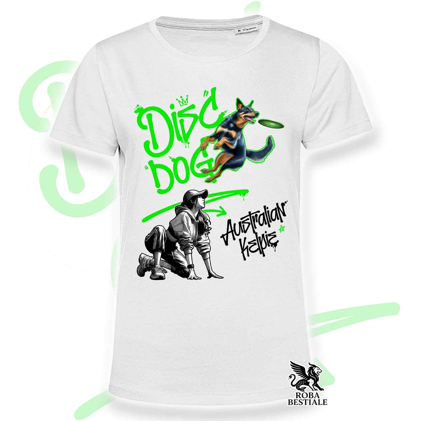 T-Shirt DISC DOG Graffiti "GIRL" - AUSTRALIAN KELPIE Nero Focato - Bianca, colore dettagli a scelta - dalla XS alla 5XL