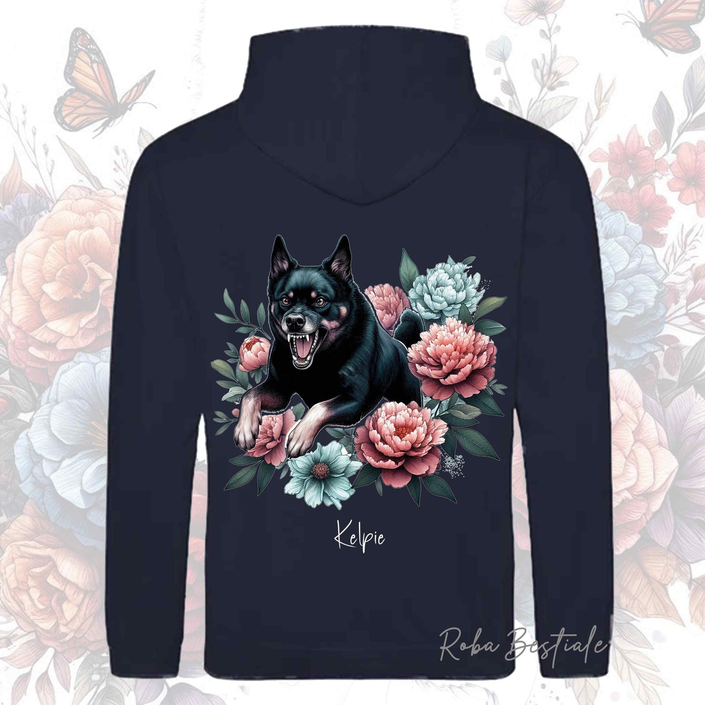 Felpa PEONY - AUSTRALIAN KELPIE Nero Focato - Con Cappuccio e Tasconi, Unisex, in tanti colori - dalla XS alla 5XL