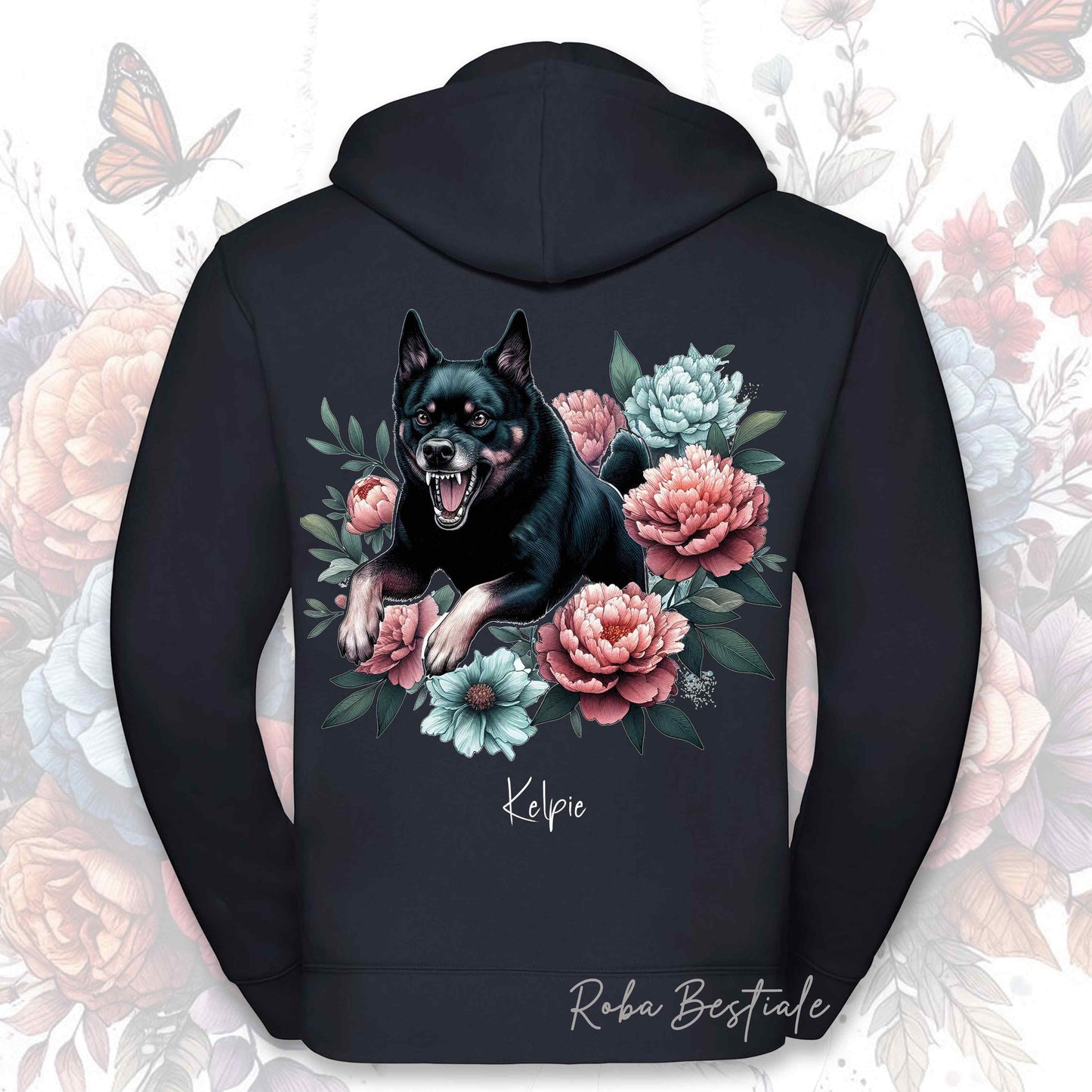 Felpa PEONY - AUSTRALIAN KELPIE Nero Focato - Con Cappuccio e Full Zip, Uomo o Donna, in tanti colori - dalla XS alla 5XL