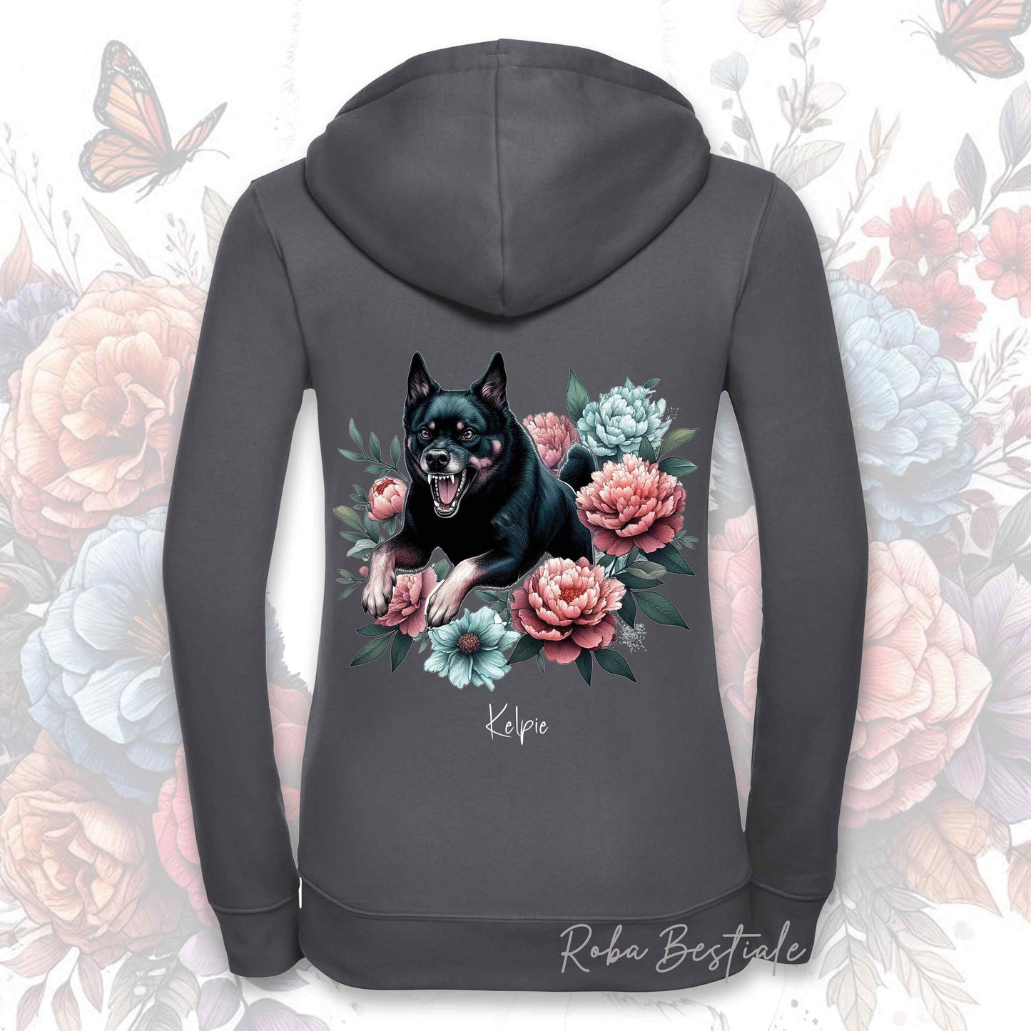 Felpa PEONY - AUSTRALIAN KELPIE Nero Focato - Con Cappuccio e Full Zip, Uomo o Donna, in tanti colori - dalla XS alla 5XL