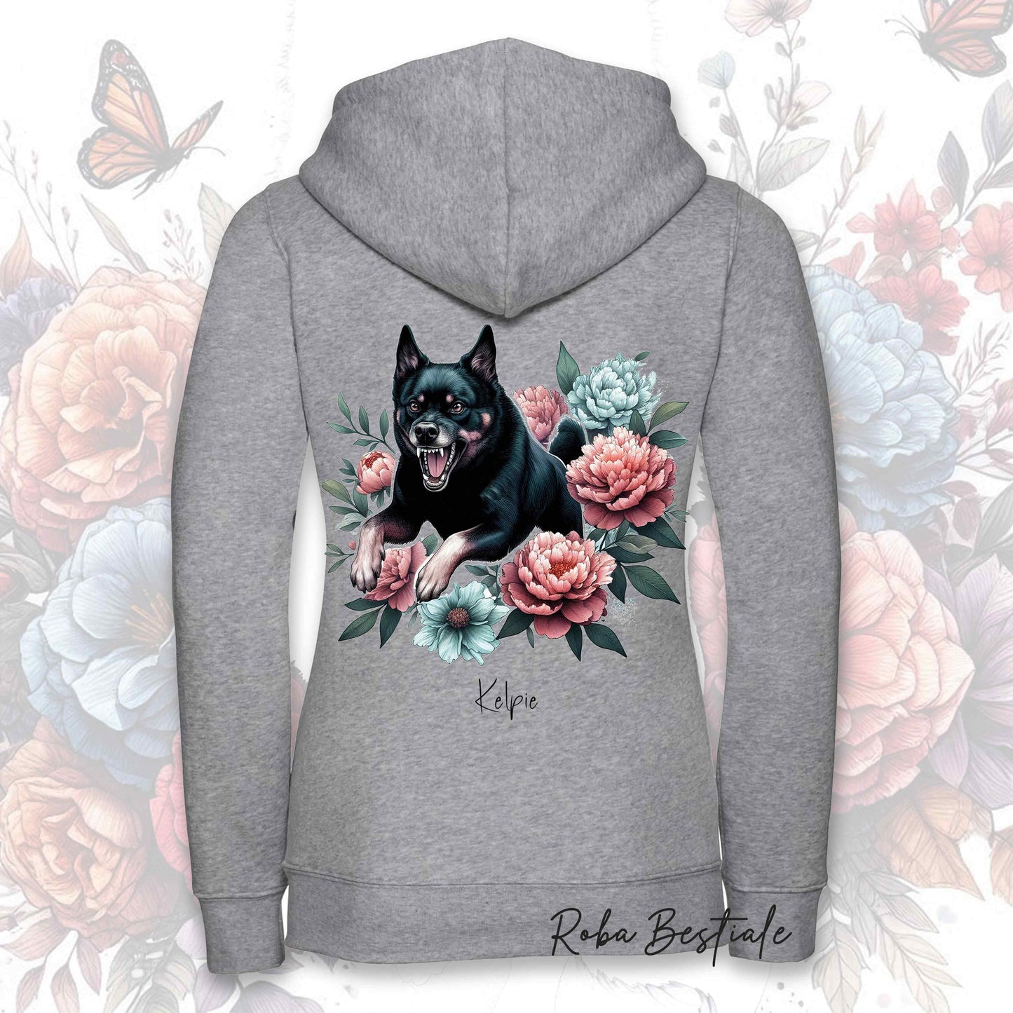 Felpa PEONY - AUSTRALIAN KELPIE Nero Focato - Con Cappuccio e Full Zip, Uomo o Donna, in tanti colori - dalla XS alla 5XL